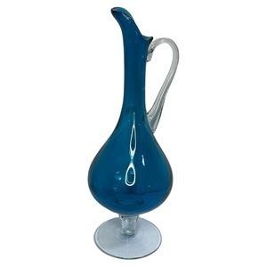 Vintage Empoli Italy Blue/Clear Blown Glass Decanter With Handle